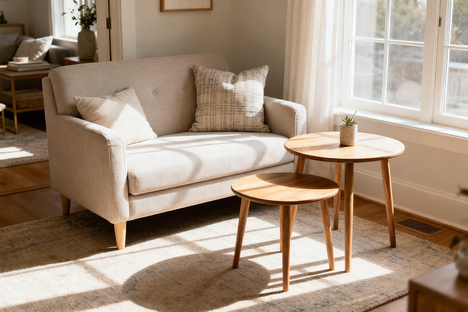 A compact loveseat and nesting tables in a small living room
