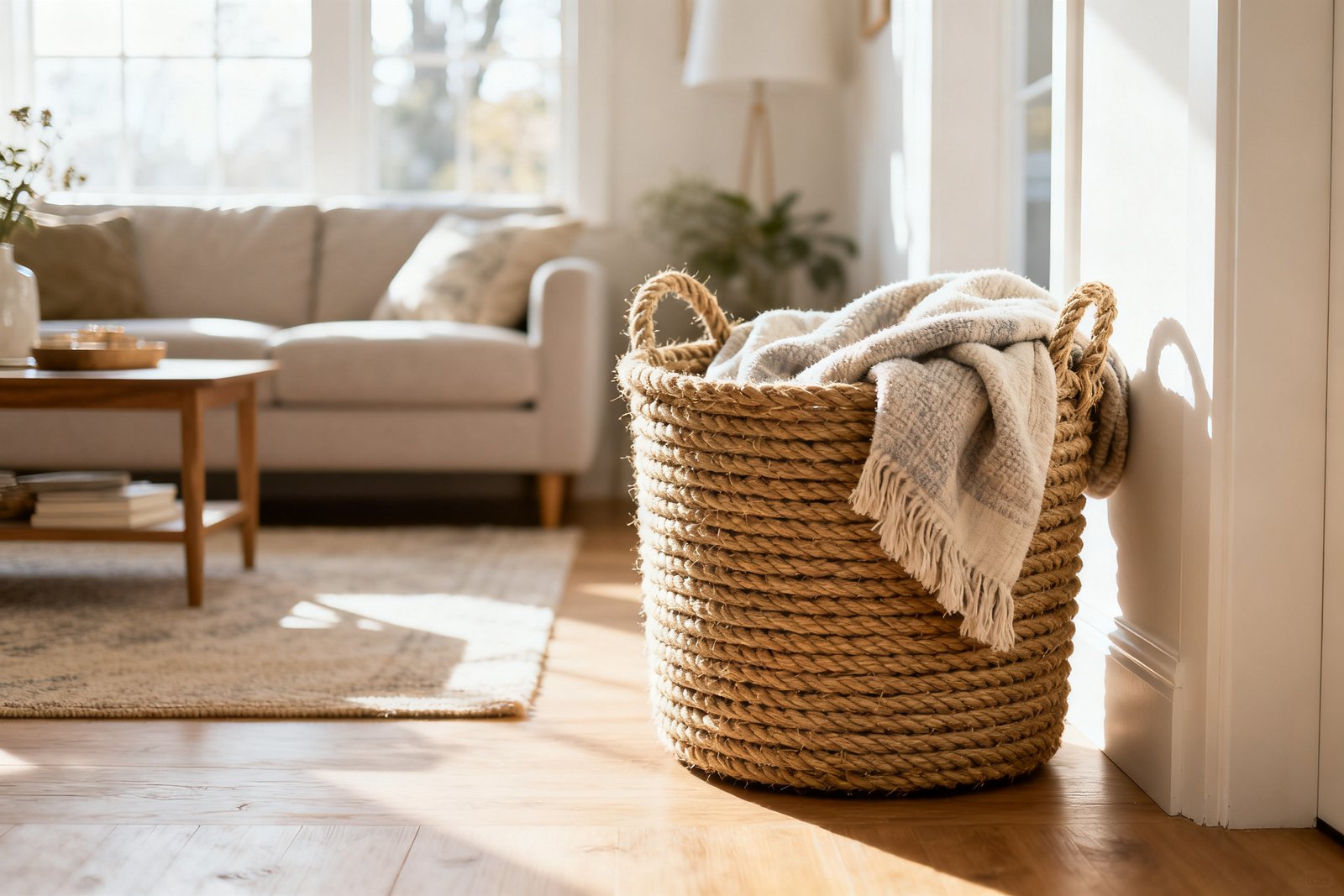 A handmade coiled rope basket holding a cozy blanket in a bright, styled living room corner, warm and tidy