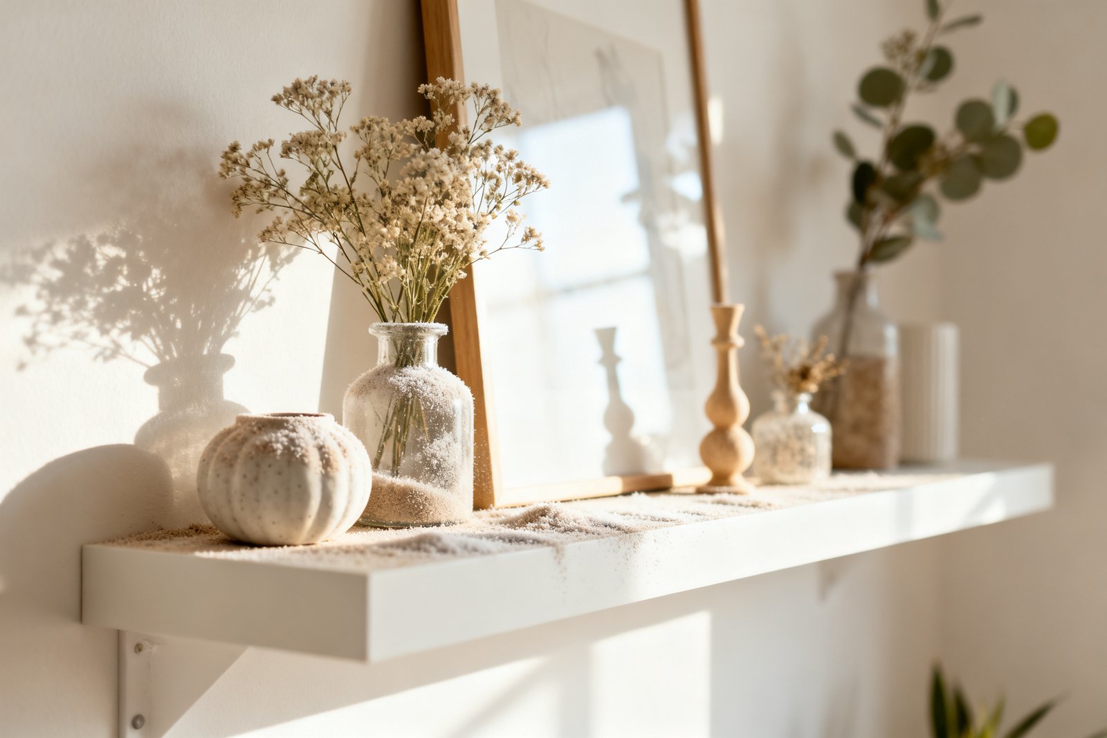 Dusting décor on a clean, styled shelf