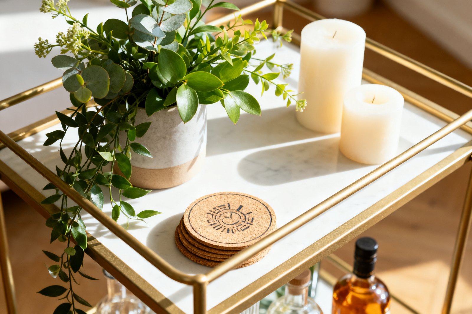 A bar cart shelf styled with greenery, candles, and coasters