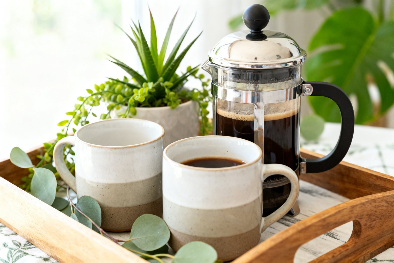 Close-up of a styled coffee tray with a French press, ceramic mugs, and greenery