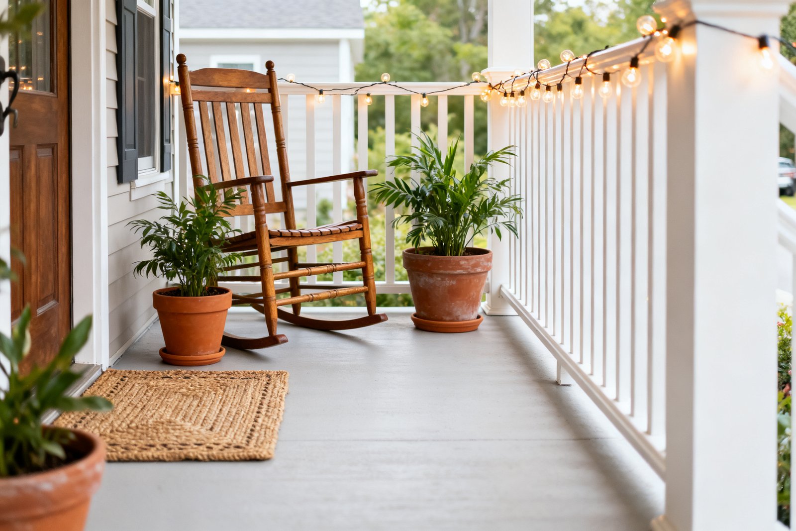 A cozy budget-decorated front porch with a chair, potted plants, a doormat, and warm string lights, daylight
