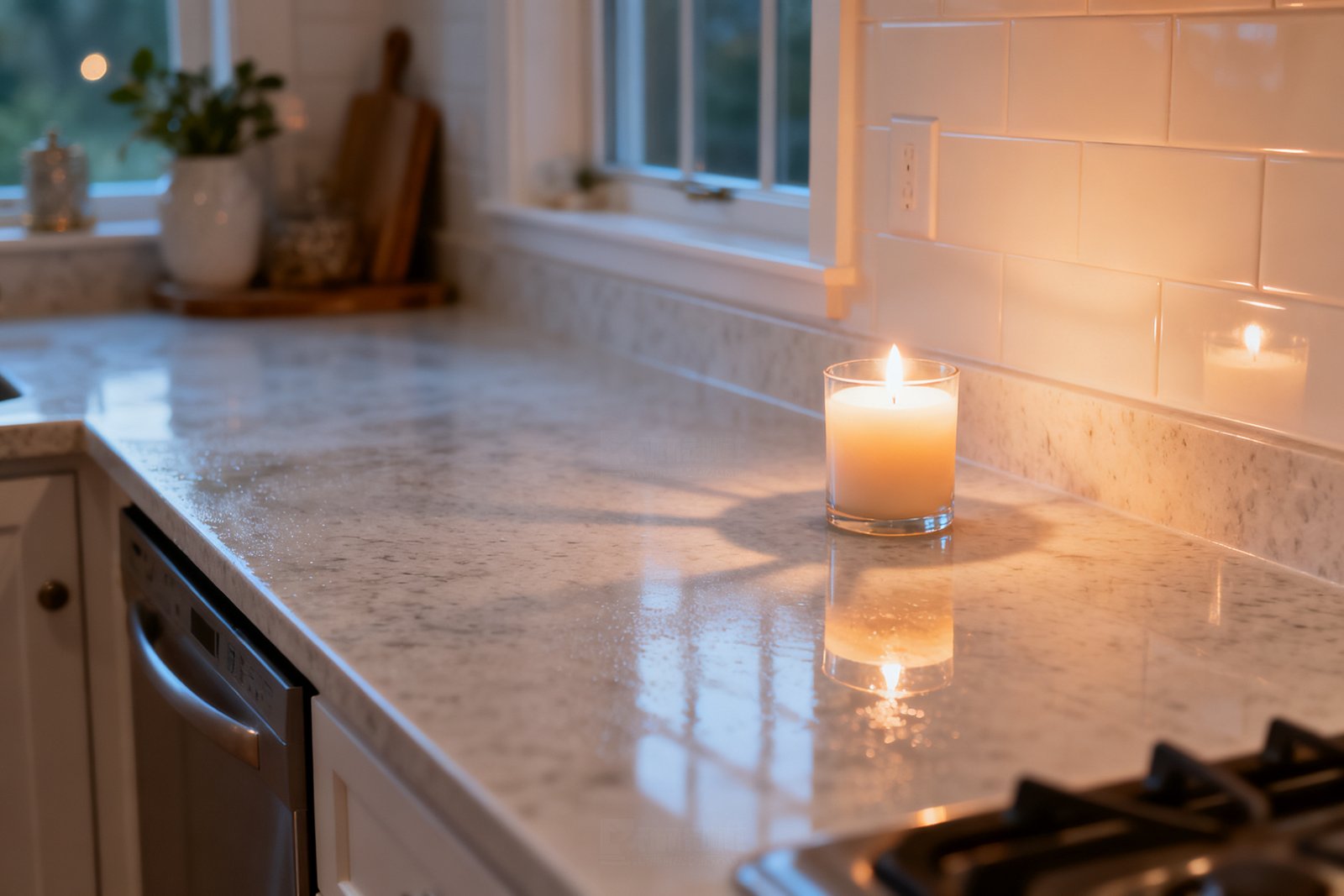 A clear kitchen counter wiped down at night with a single candle lit