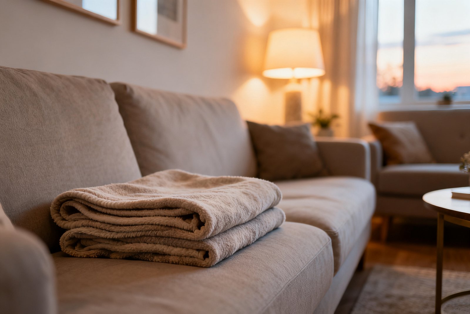 A calm tidy living room in the evening with soft lamp light, folded blanket, and clear surfaces