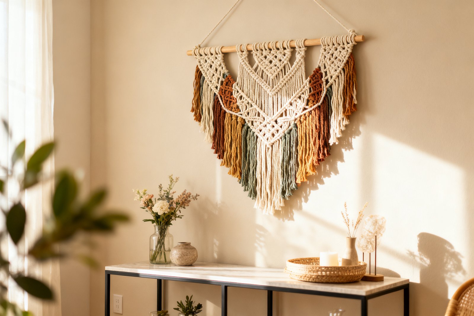A finished DIY macramé wall hanging on a neutral wall above a console, warm boho styling