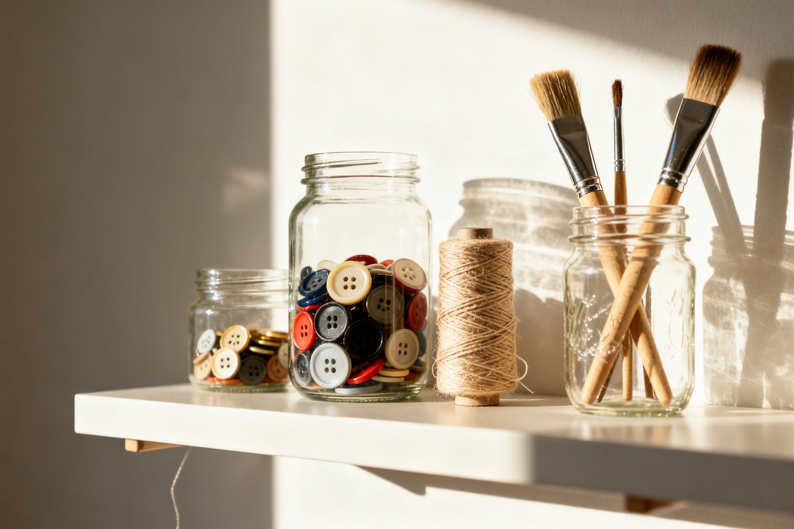 Clear jars holding buttons, thread, and brushes on a floating shelf