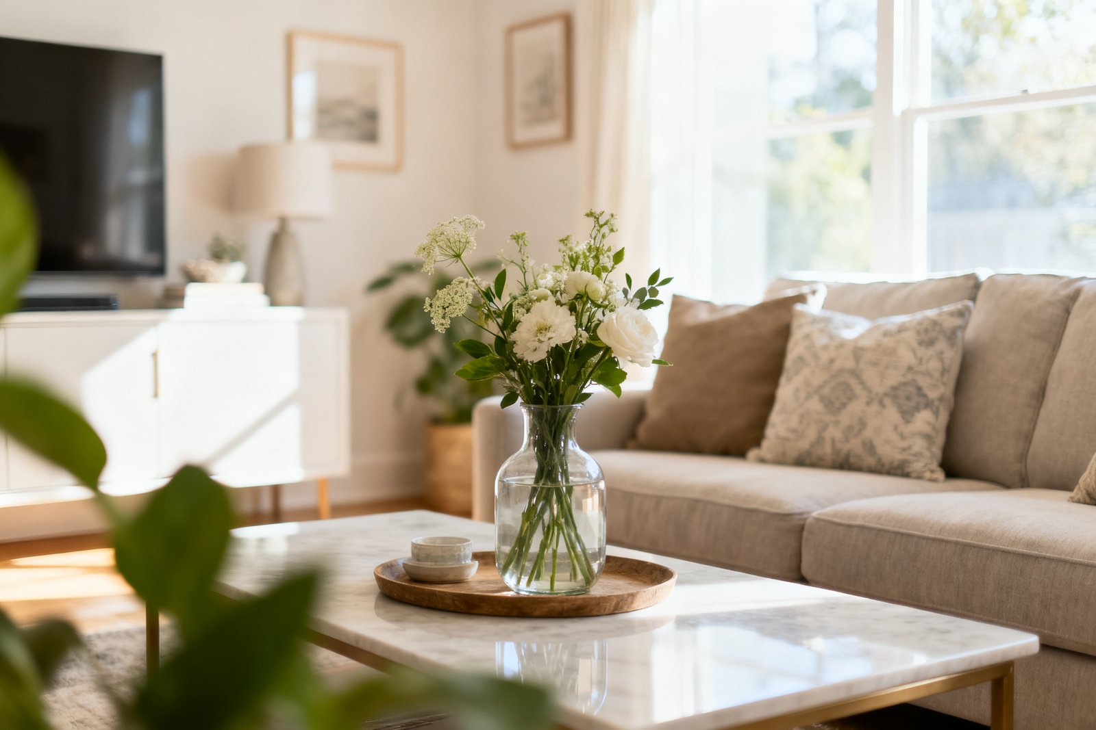 A clean, dust-free living room with clear surfaces and soft natural light, fresh and airy
