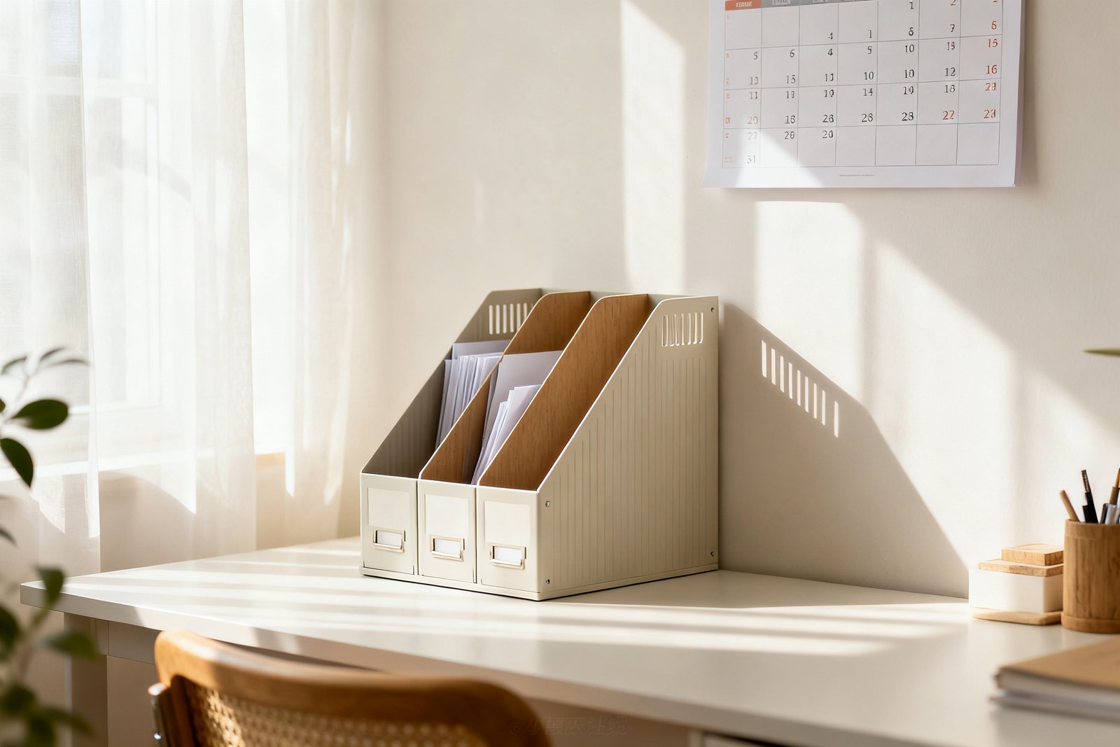 A clean desk with a paper sorter and a calendar on the wall