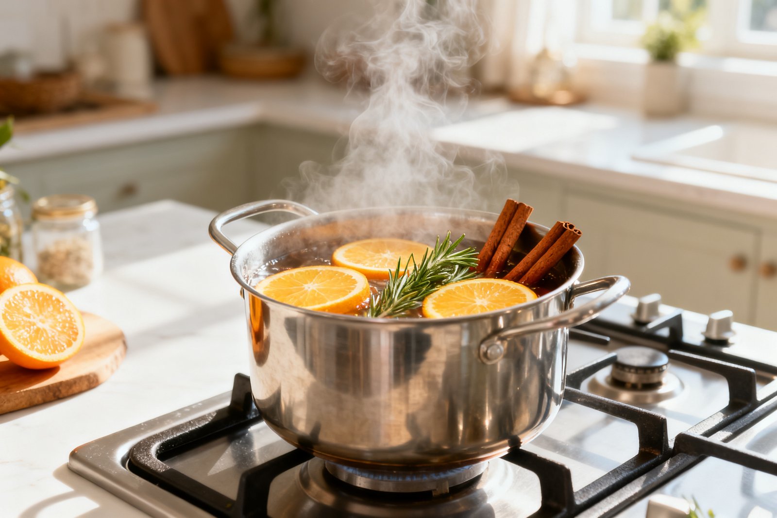 A simmer pot on a stove with citrus slices, cinnamon sticks and herbs, steam rising, bright cozy kitchen