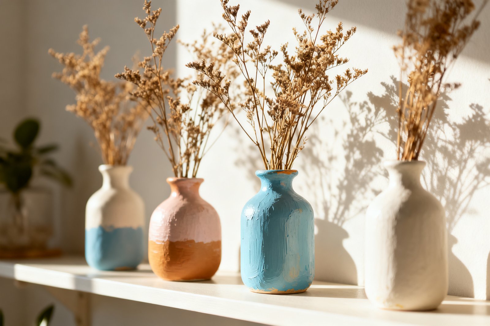 Finished painted vases holding dried stems on a styled shelf