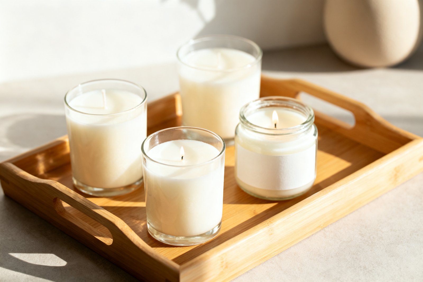 Finished homemade candles styled on a wooden tray