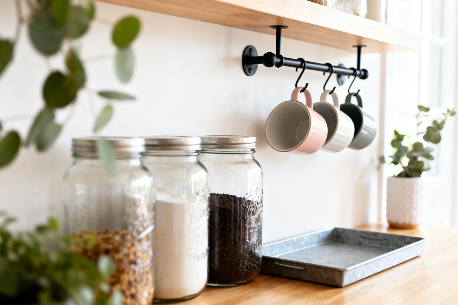 A tidy coffee station with labeled jars, mugs hanging on hooks, and a small tray