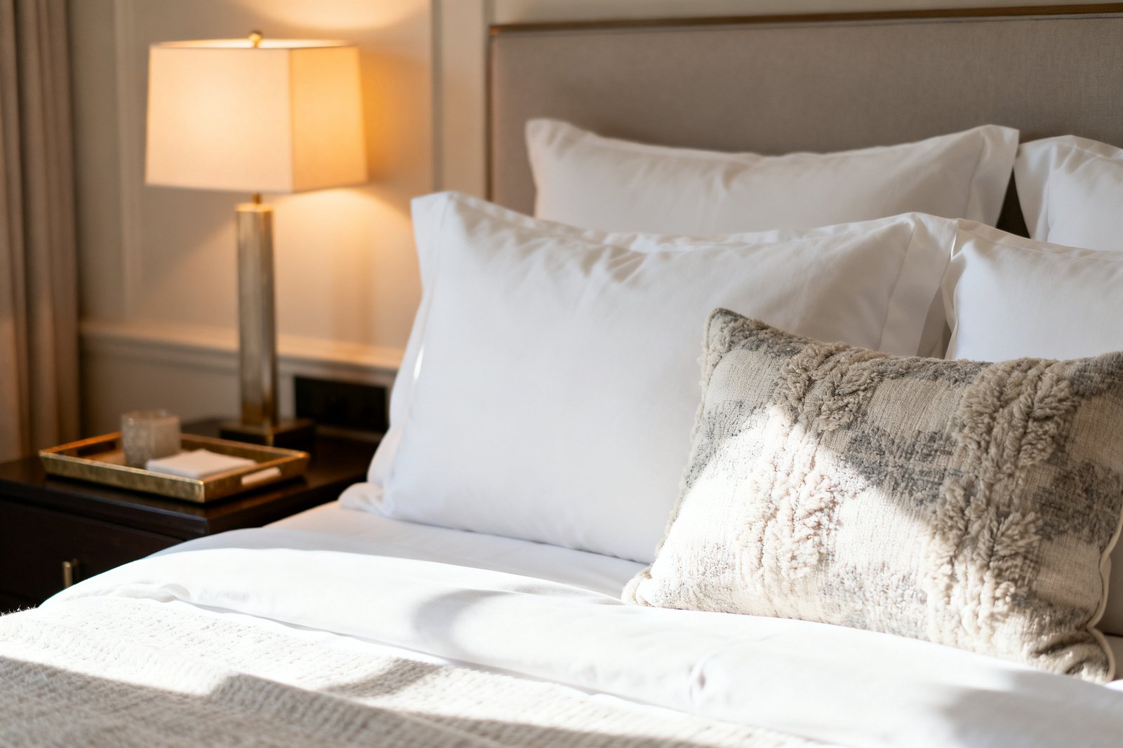 A cozy budget guest bedroom styled like a boutique hotel with crisp white bedding, layered pillows, a small tr
