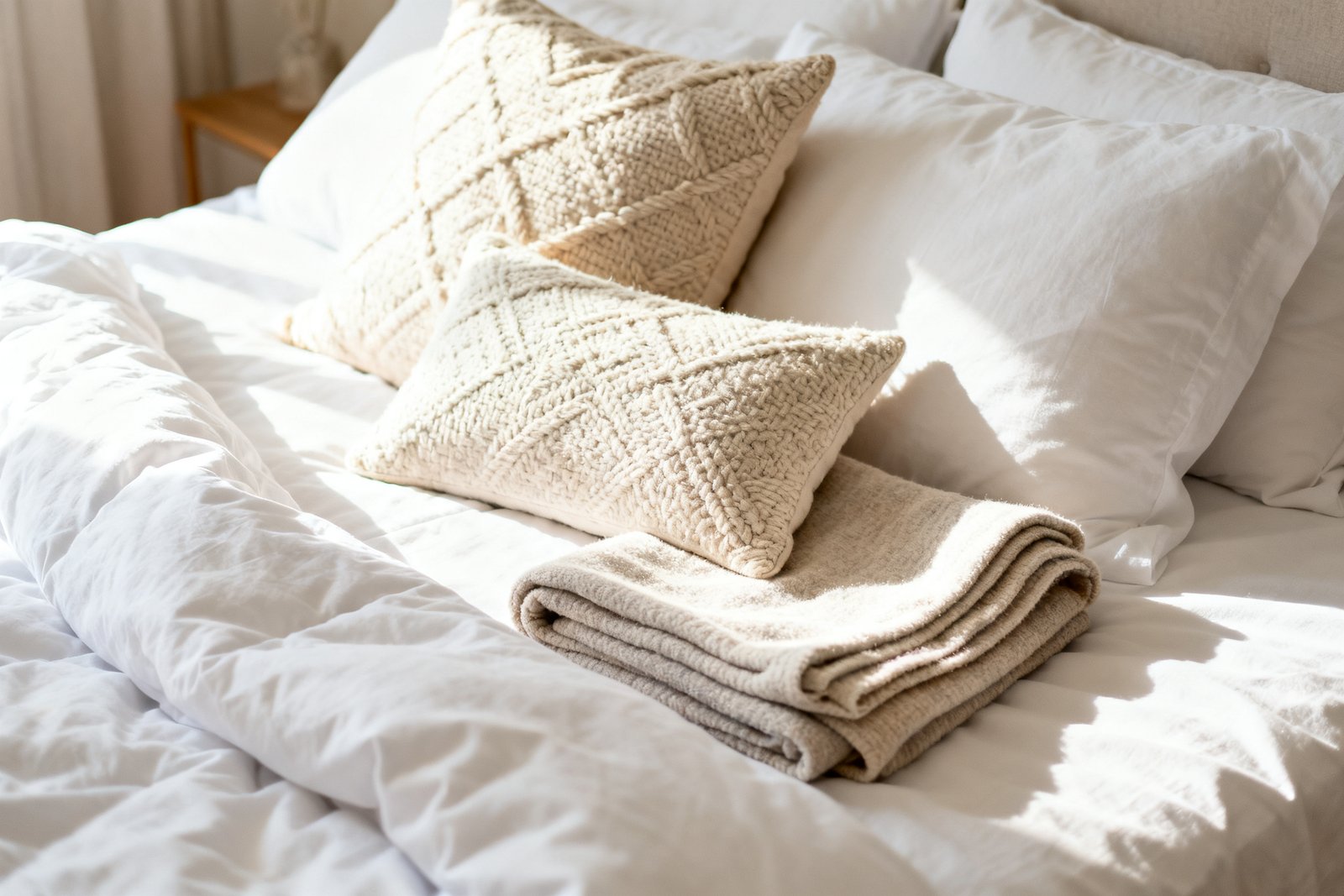 A beautifully styled bed layered with crisp white sheets, a duvet, textured throw pillows, and a folded blanke