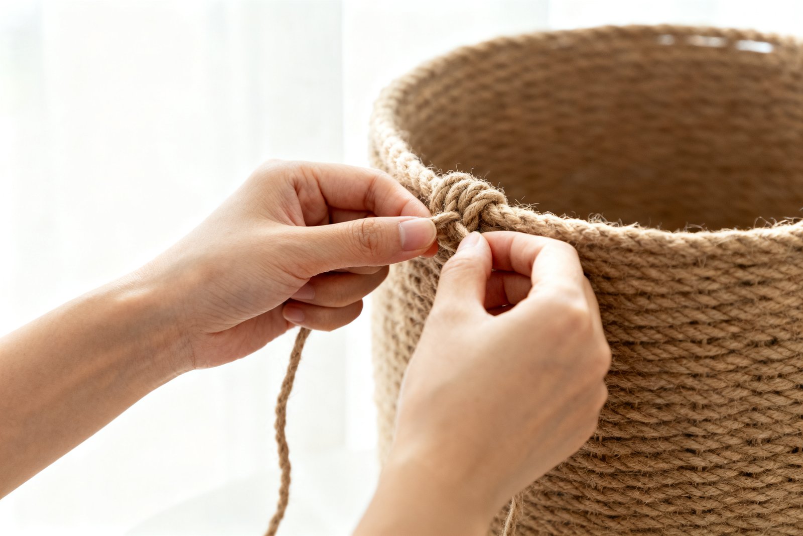 Hands coiling and stitching a rope basket mid-project