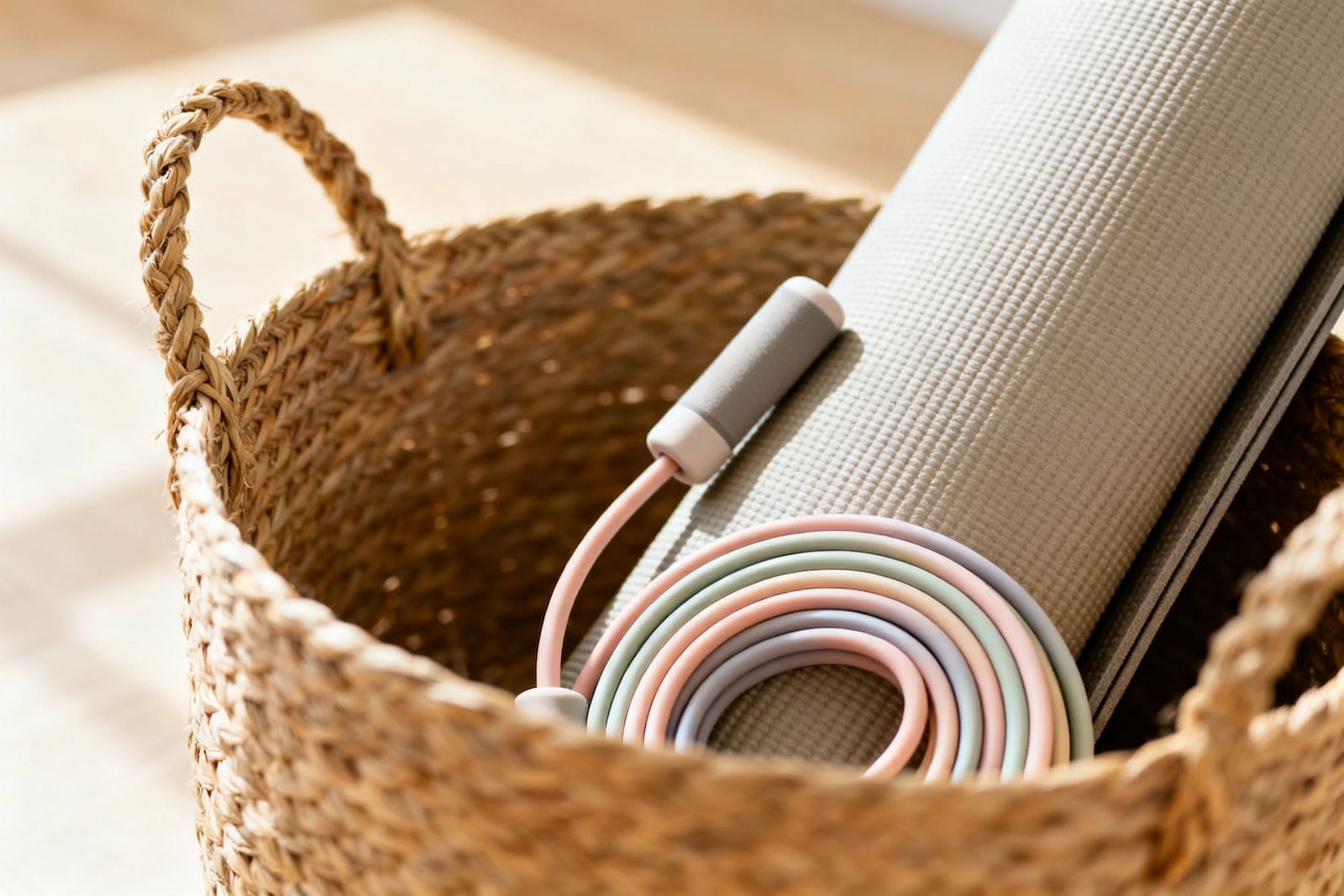 A foldable exercise mat and resistance bands stored in a basket