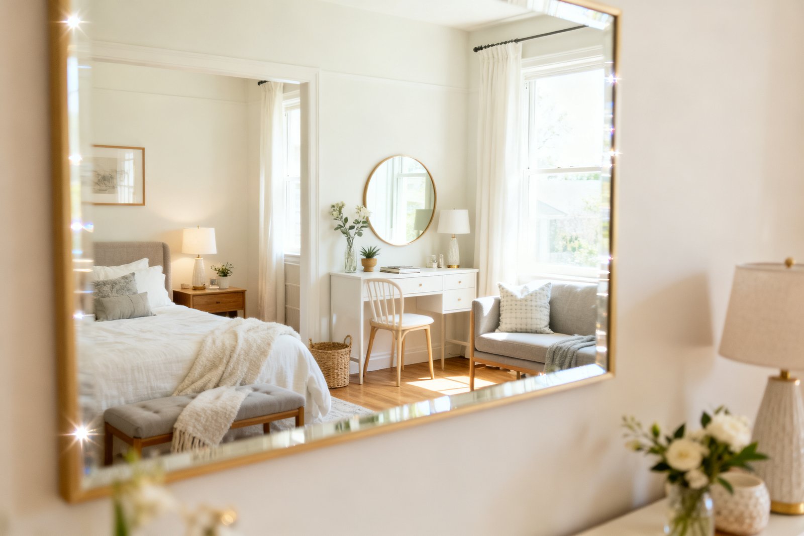 A sparkling clean mirror reflecting a bright, tidy room