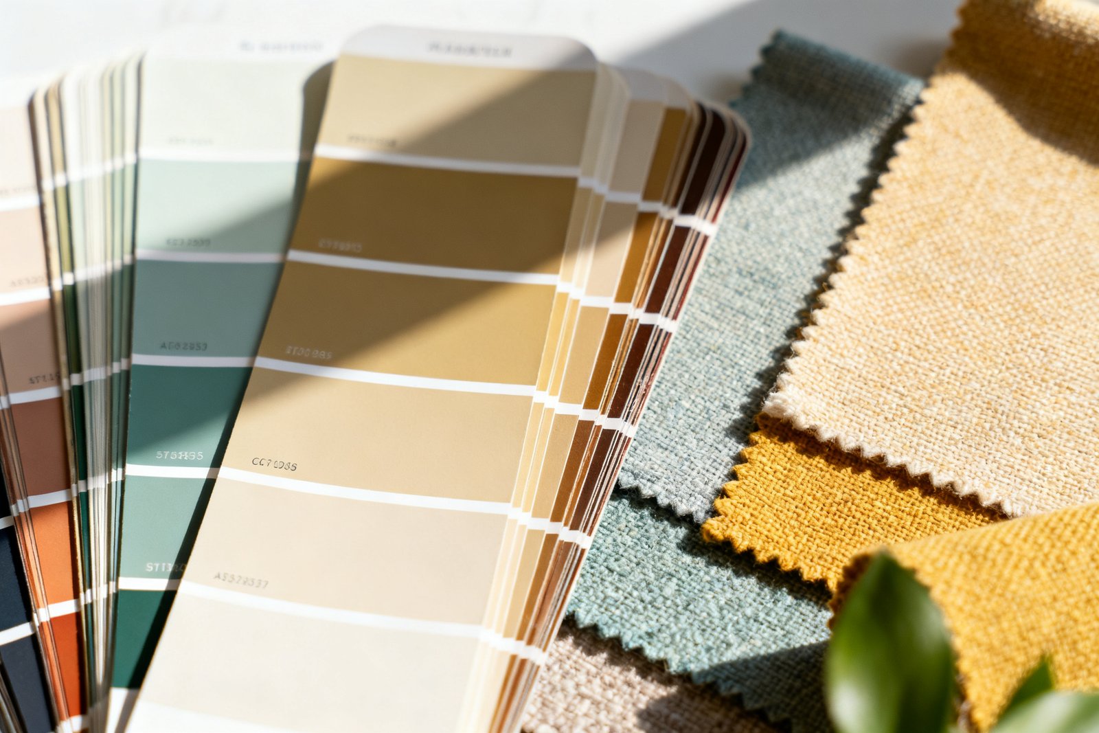 Paint swatches and fabric samples arranged in a color palette