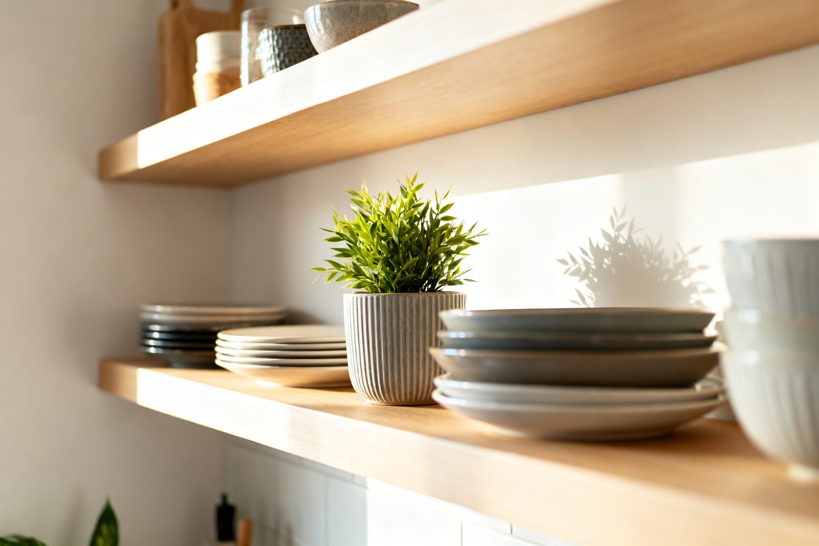 Open shelves styled with dishes and a plant
